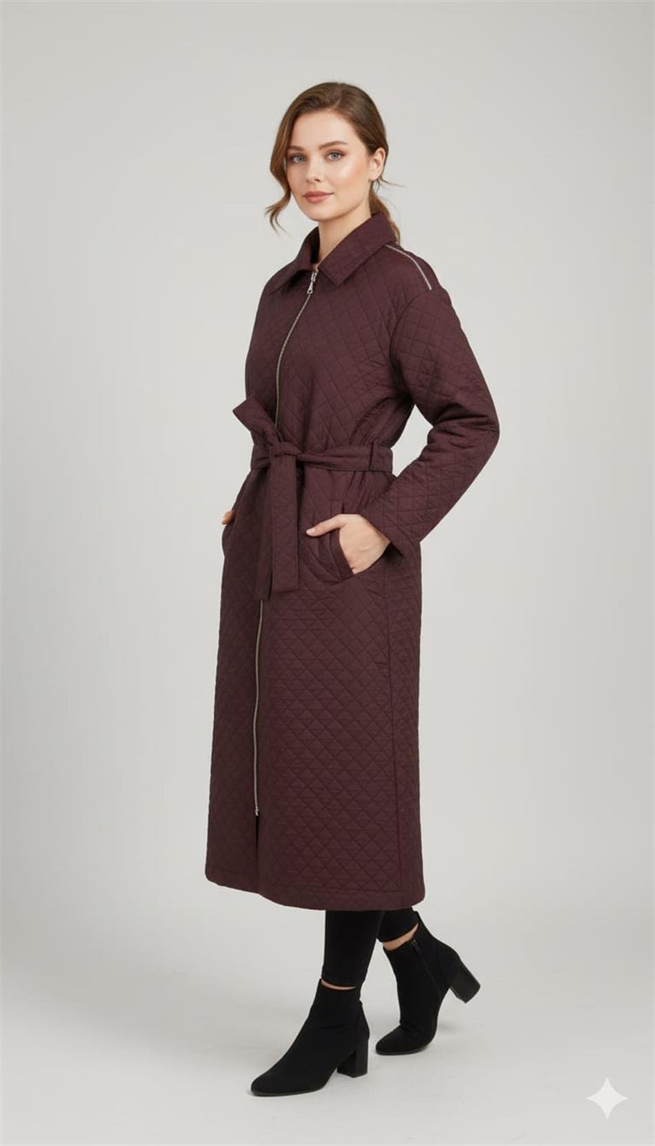 HZR Fermuar Detaylı Jakar Kapitone Spor Trench Kap PLUS-MOR