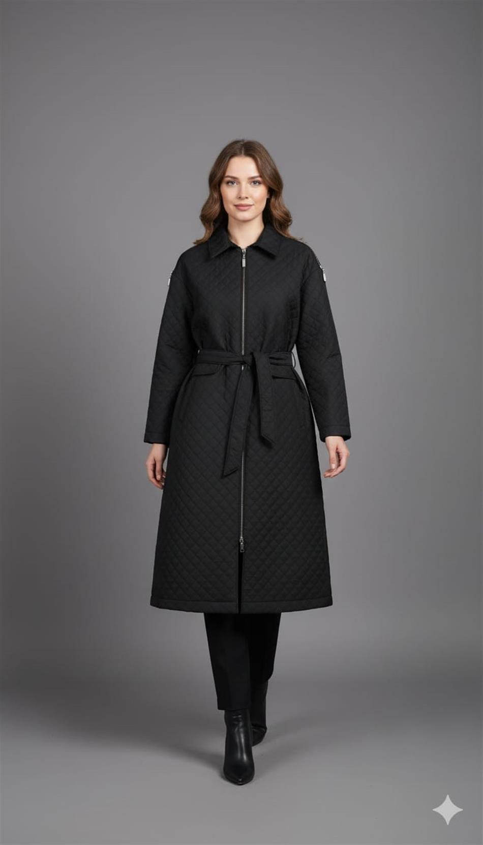 HZR Fermuar Detaylı Jakar Kapitone Spor Trench Kap PLUS-Siyah