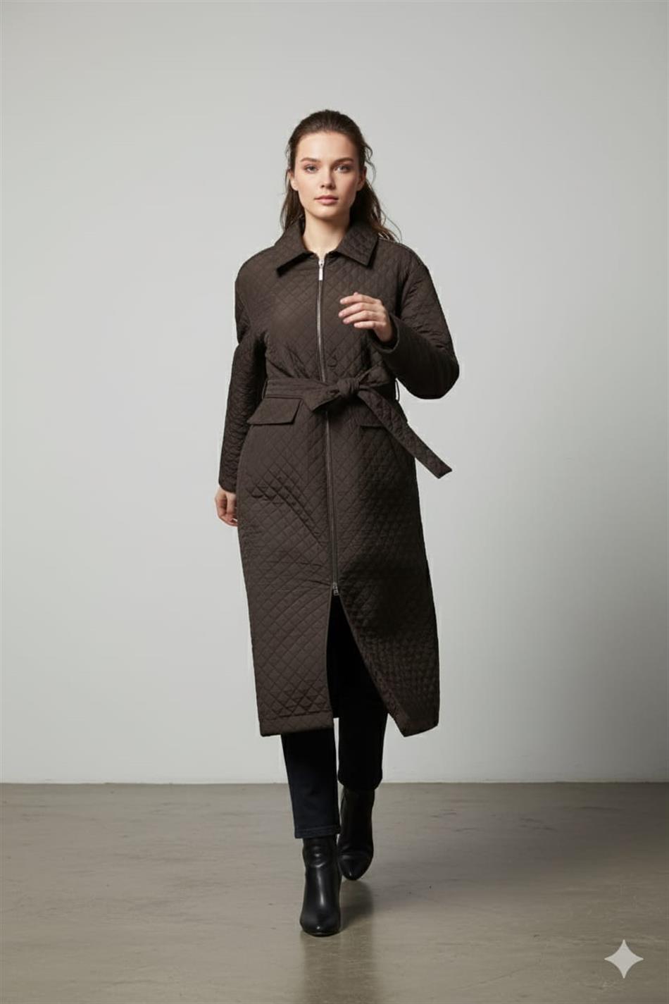 HZR Fermuar Detaylı Jakar Kapitone Spor Trench Kap-Kahve