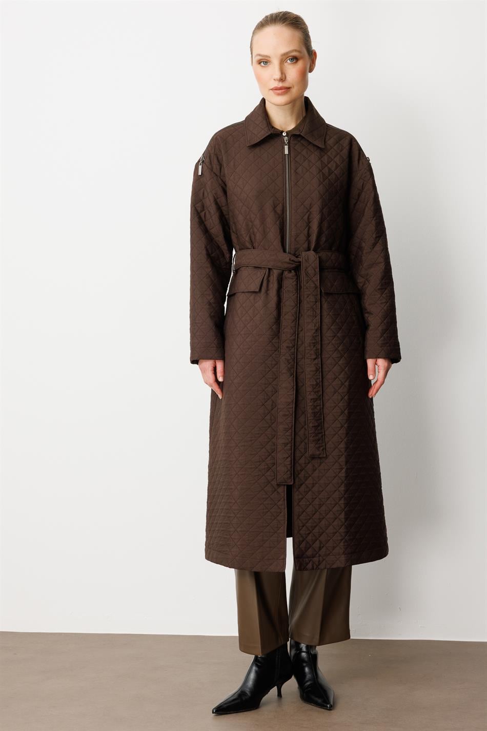 HZR Zipper Detail Jacquard Quilted Sport Trench Coat PLUS-Brown