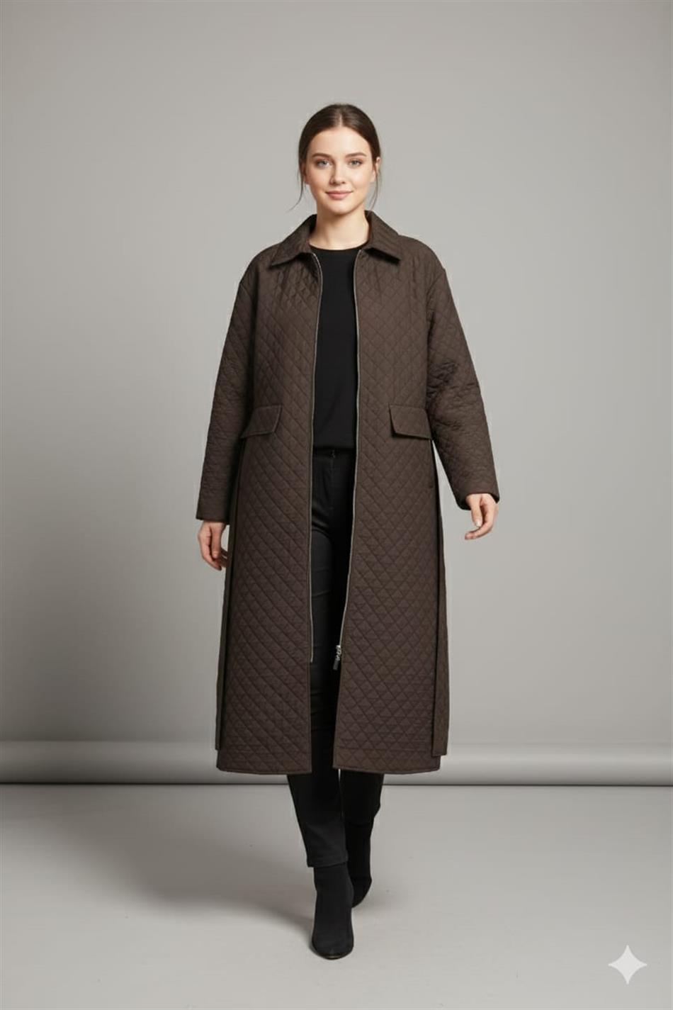 HZR Fermuar Detaylı Jakar Kapitone Spor Trench Kap-Kahve