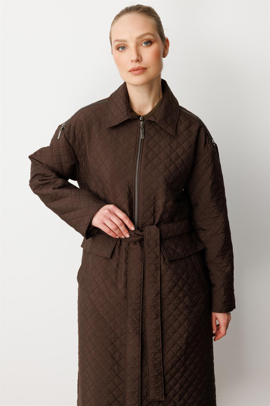 HZR Zipper Detail Jacquard Quilted Sport Trench Coat PLUS-Brown