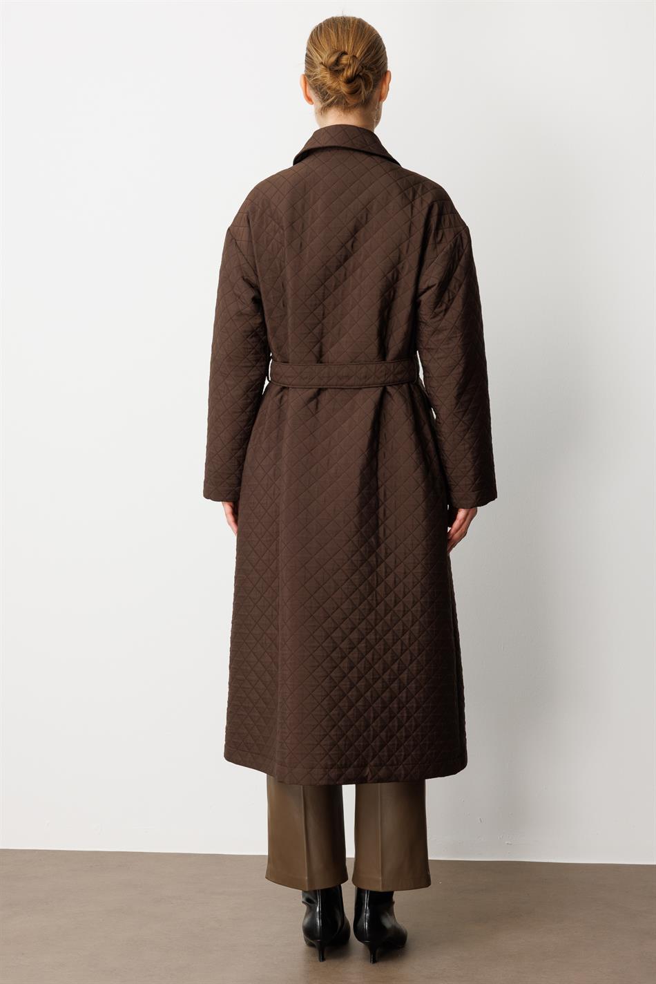 HZR Fermuar Detaylı Jakar Kapitone Spor Trench Kap-Kahve