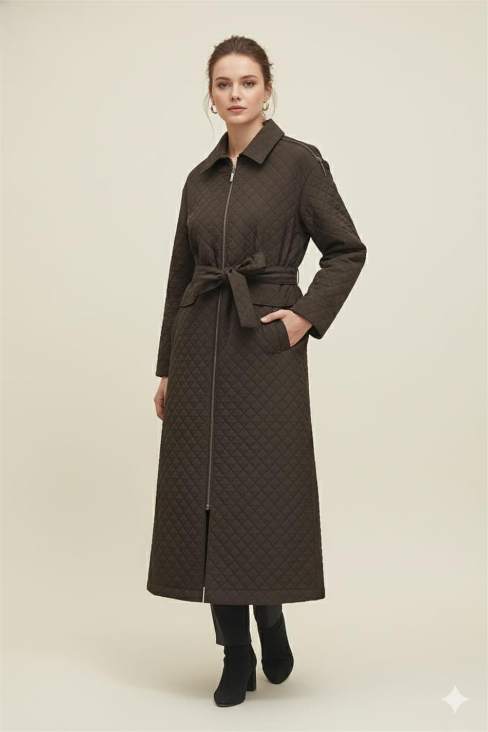 HZR Fermuar Detaylı Jakar Kapitone Spor Trench Kap-Kahve