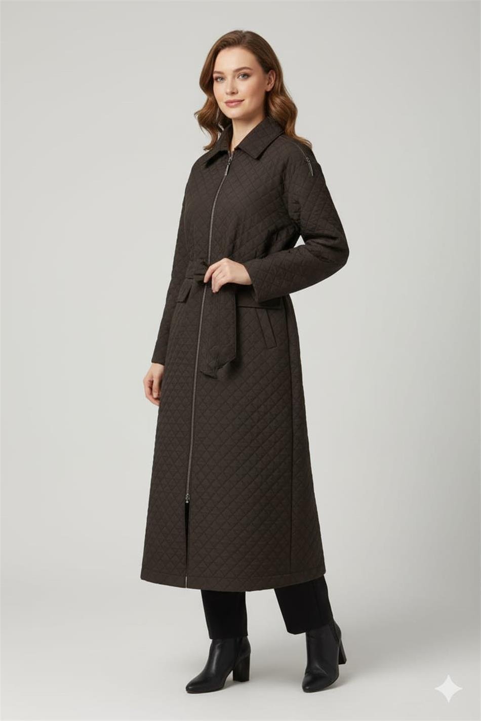 HZR Fermuar Detaylı Jakar Kapitone Spor Trench Kap-Kahve