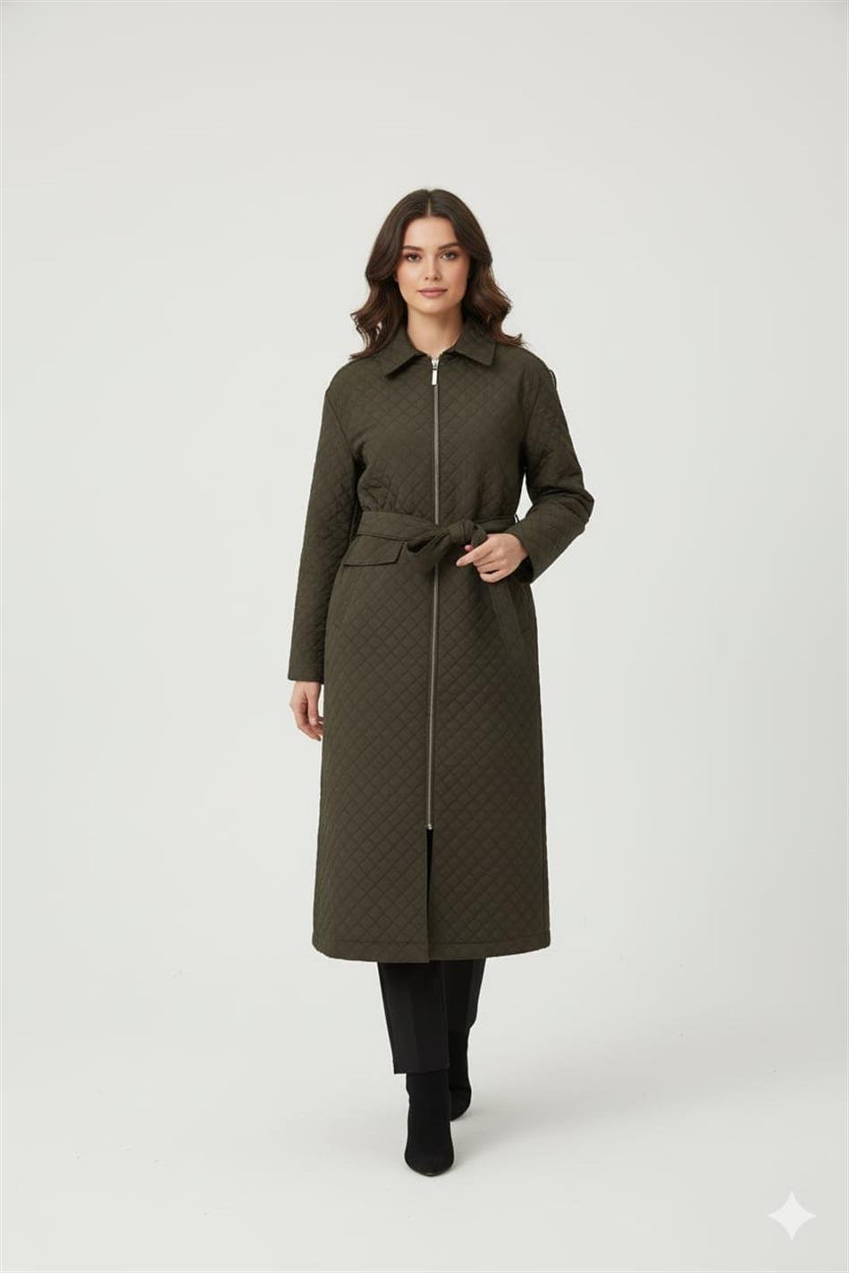 HZR Fermuar Detaylı Jakar Kapitone Spor Trench Kap PLUS-Kahve