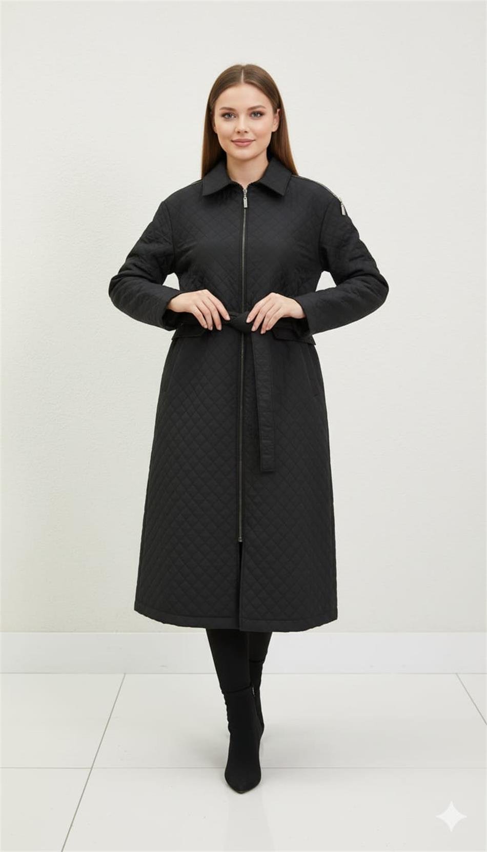 HZR Fermuar Detaylı Jakar Kapitone Spor Trench Kap PLUS-Siyah