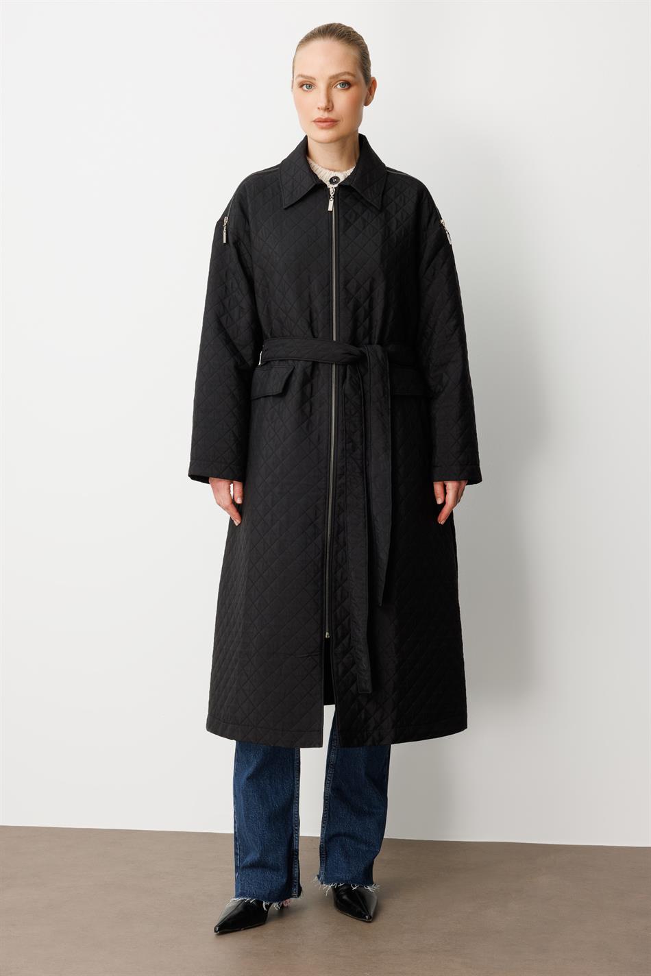 HZR Fermuar Detaylı Jakar Kapitone Spor Trench Kap-Siyah