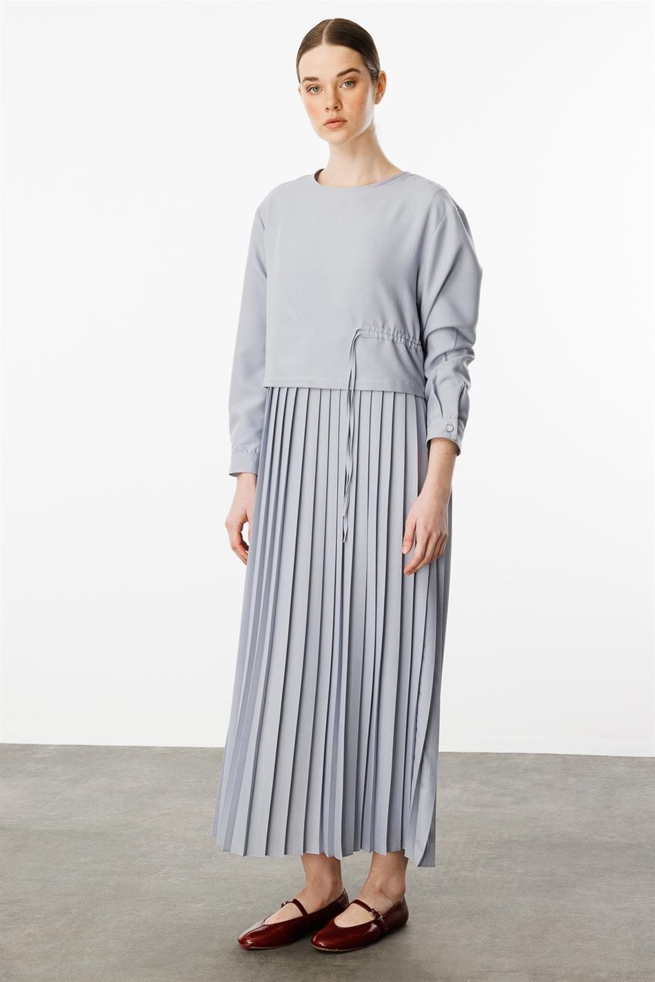 Ipekçe Aller Qolsuz Büzməli Top və Bel Kəməri Kombinasiyalı Don Dəsti - Boz