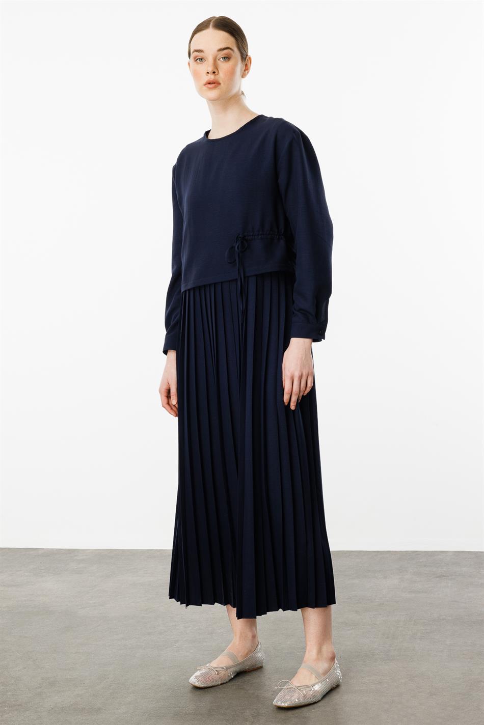 Ipekçe Aller Qolsuz Büzməli Üst Don Dəsti - Tünd Göy