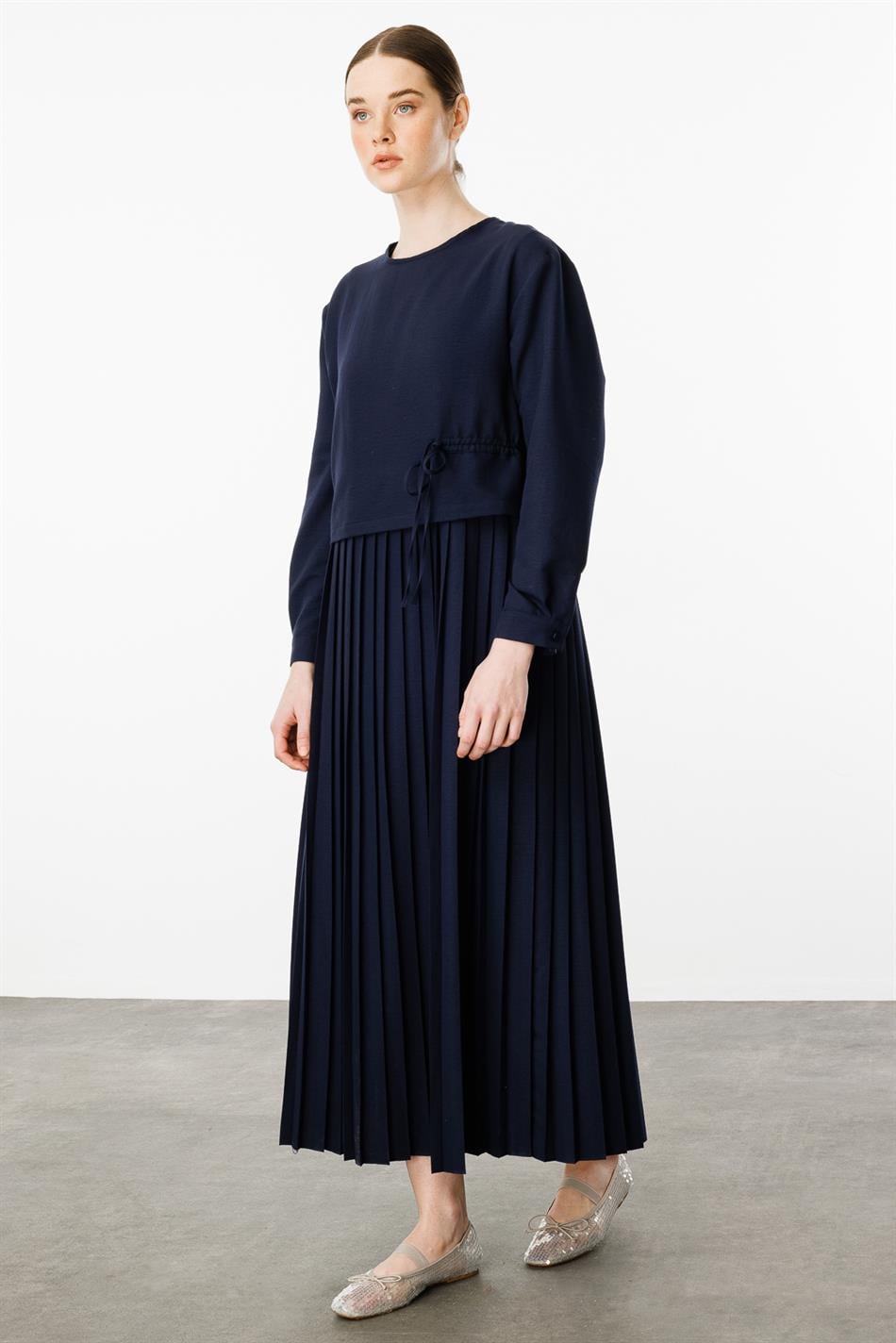 Ipekçe Aller Qolsuz Büzməli Üst Don Dəsti - Tünd Göy