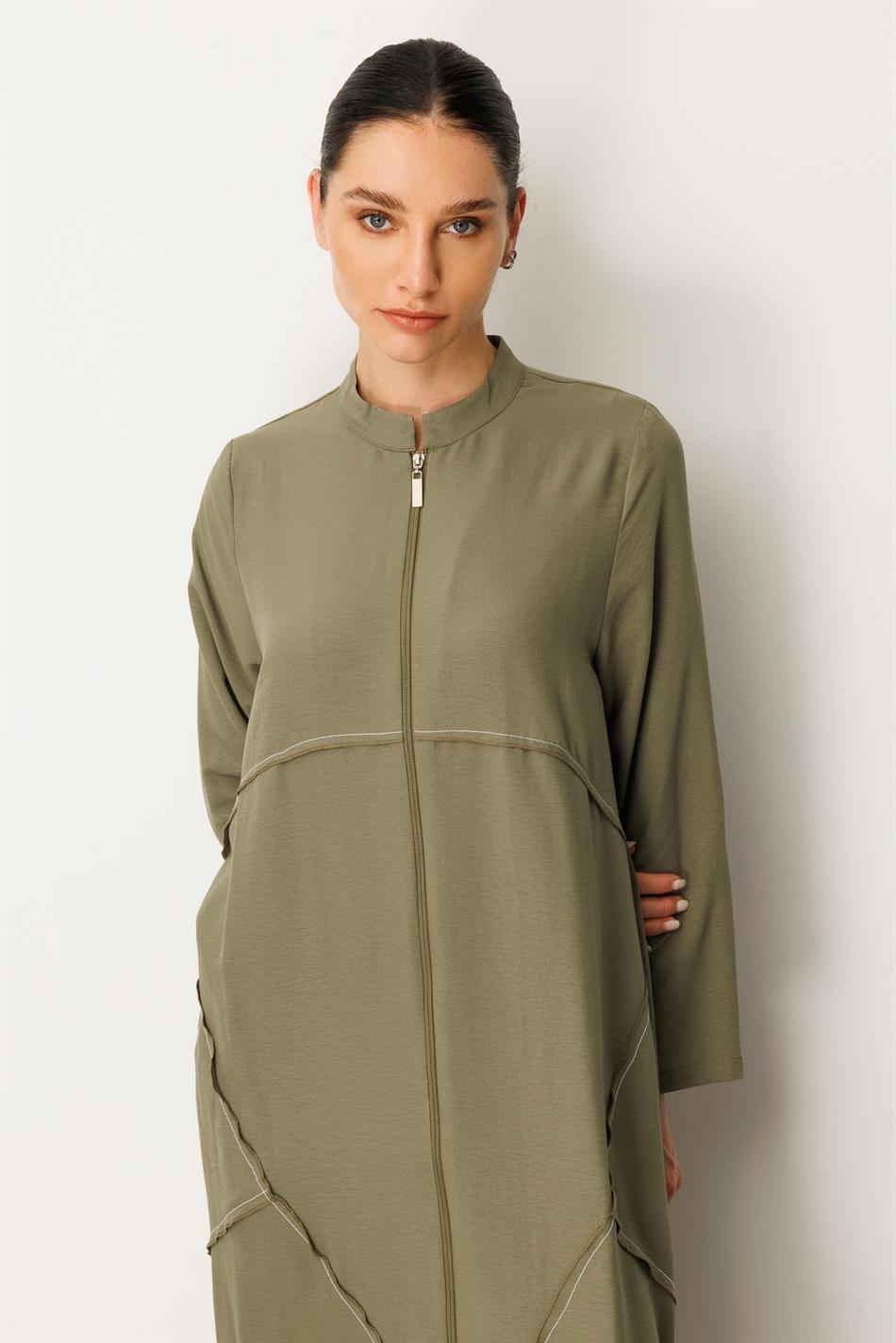 İpək parçadan hazırlanmış yüngül və nəfəs alan idman paltosu/abaya - Xaki