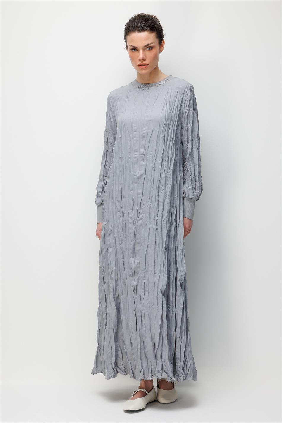 İpekche Soft Kraş Ribana Kol ve Yaka Detaylı Elbise-Gri