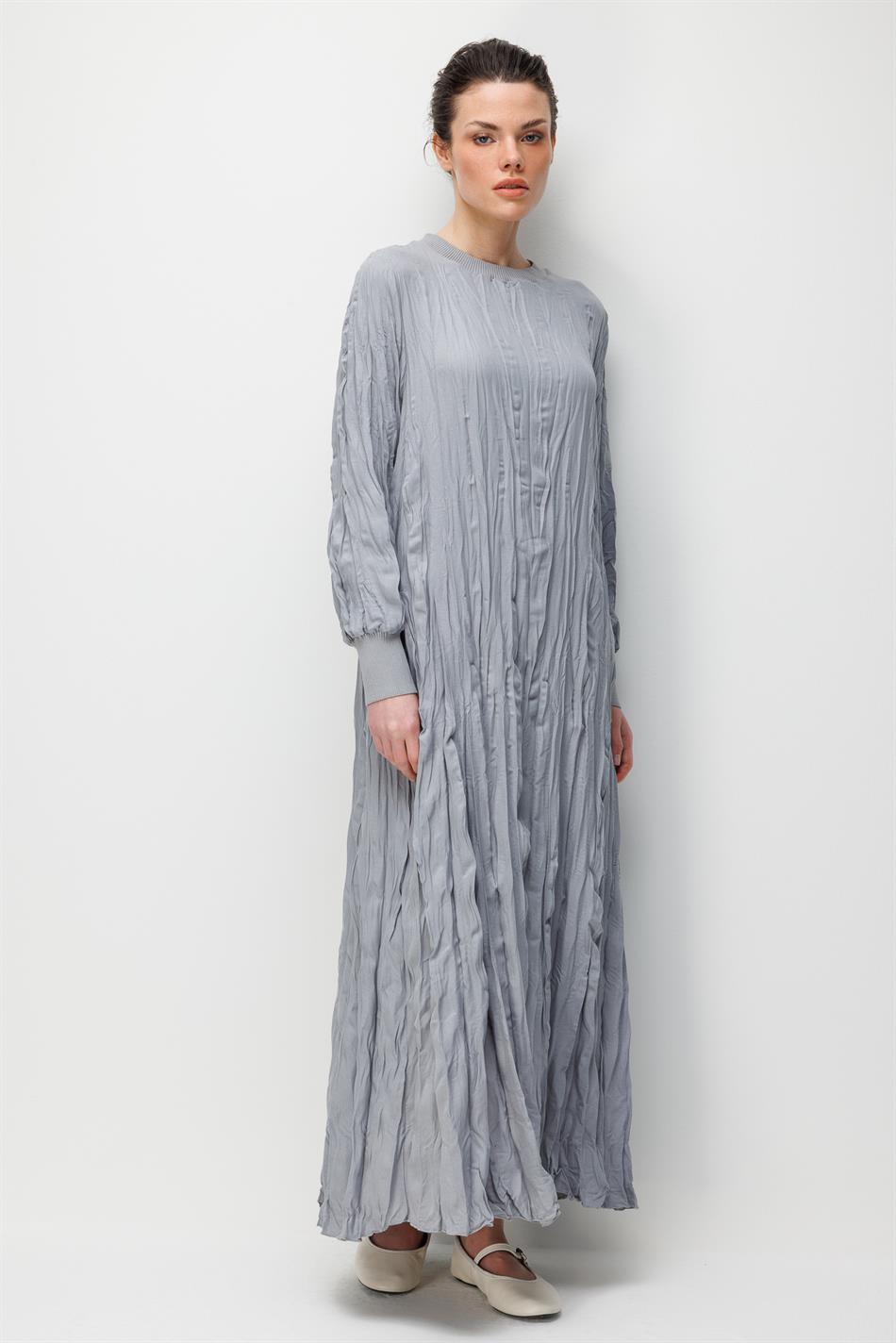 İpekche Soft Kraş Ribana Kol ve Yaka Detaylı Elbise-Gri