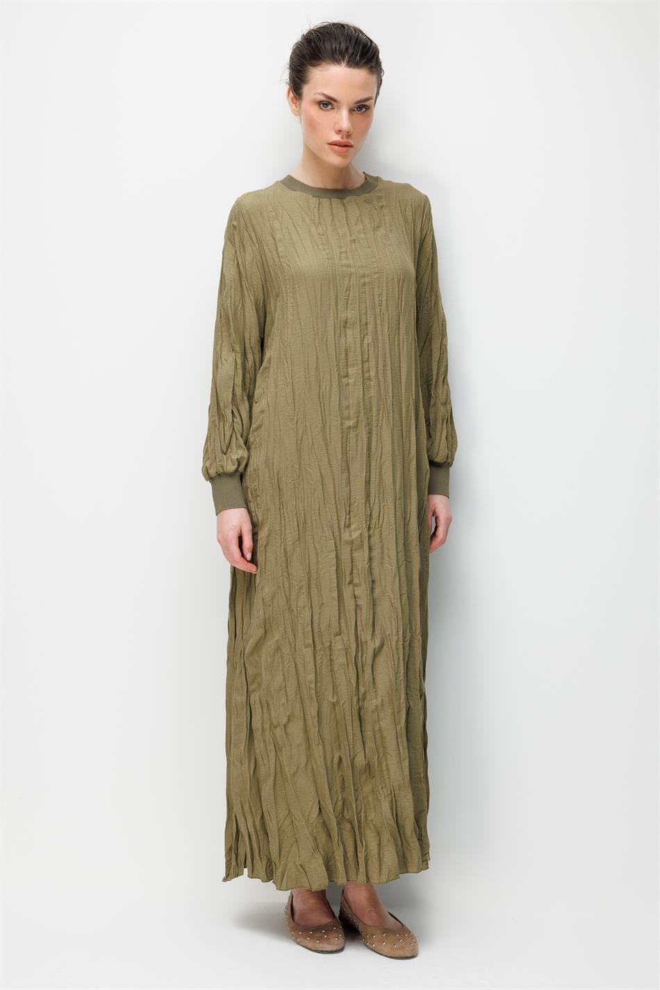 İpekche Soft Kraş Ribana Kol ve Yaka Detaylı Elbise-Haki