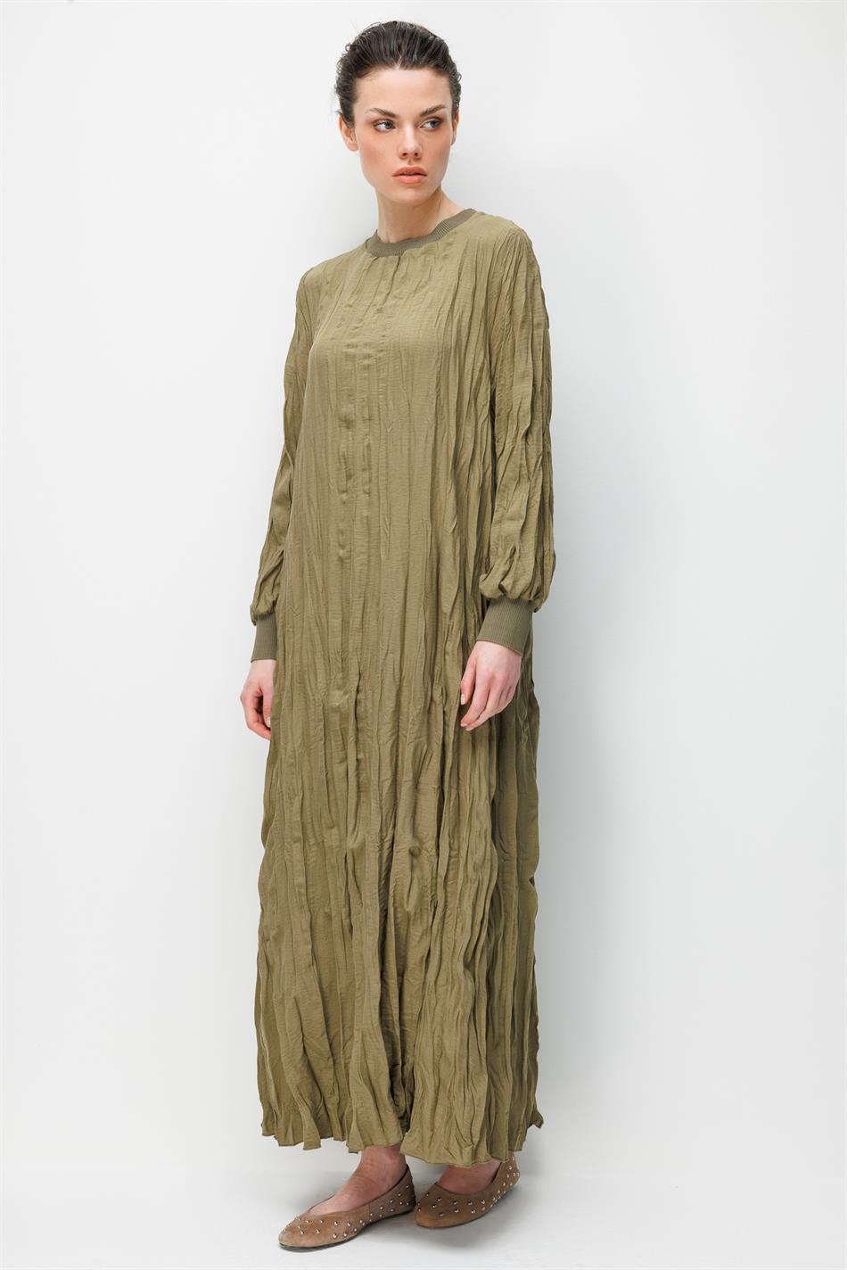 İpekche Soft Kraş Ribana Kol ve Yaka Detaylı Elbise-Haki