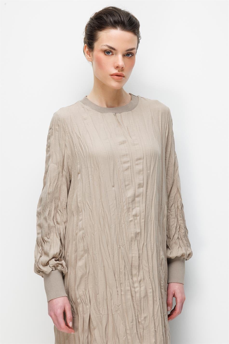 İpekche Soft Kraş Ribana Kol ve Yaka Detaylı Elbise-Vizon