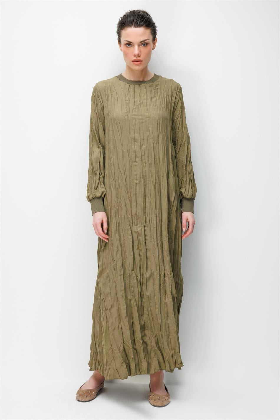 İpekche Soft Kraş Ribana Kol ve Yaka Detaylı Elbise-Haki