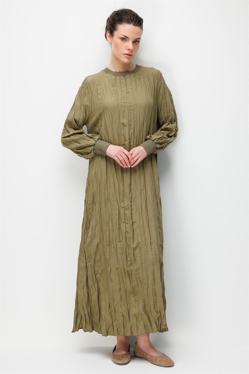 İpekche Soft Kraş Ribana Kol ve Yaka Detaylı Elbise-Haki