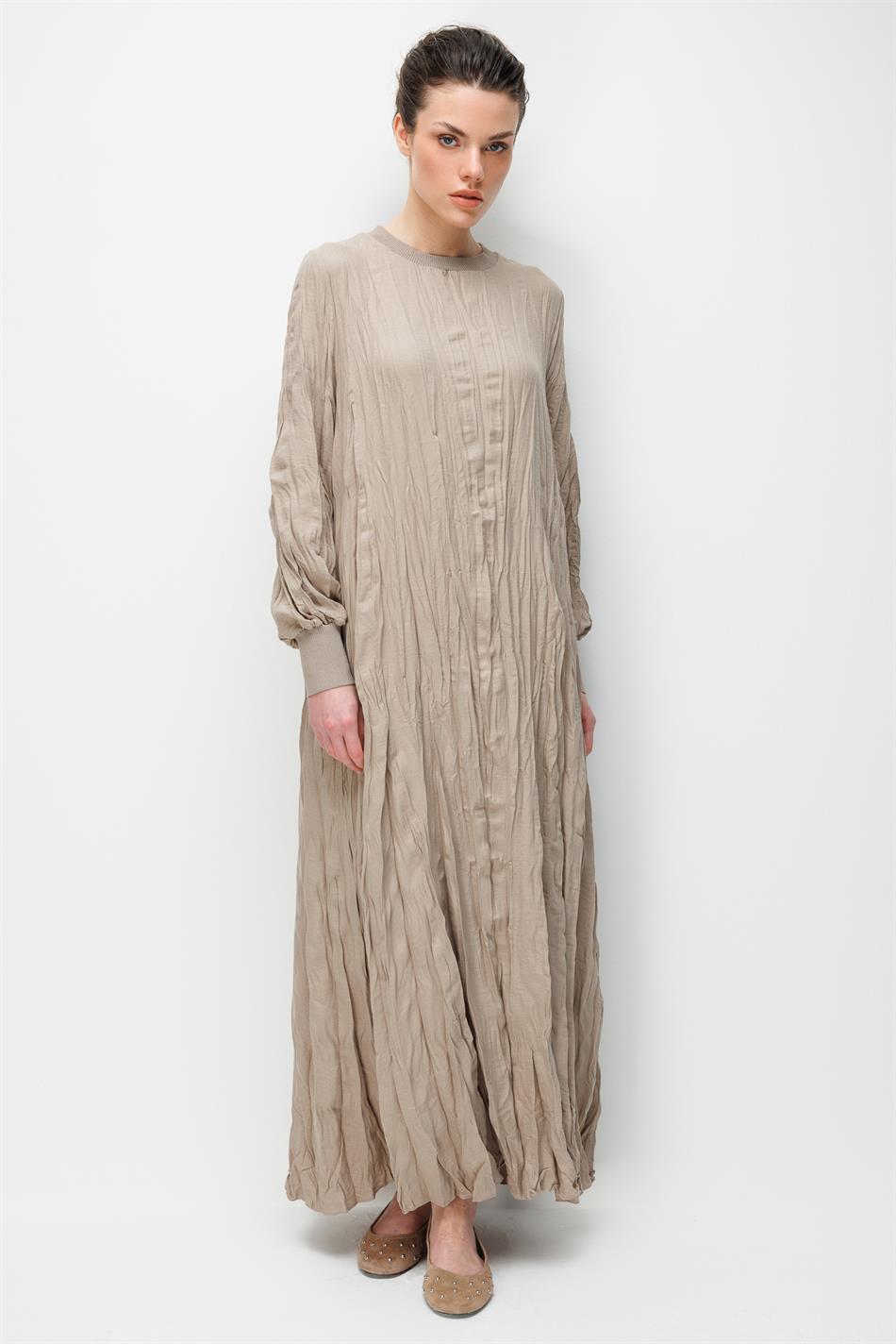 İpekche Soft Kraş Ribana Kol ve Yaka Detaylı Elbise-Vizon