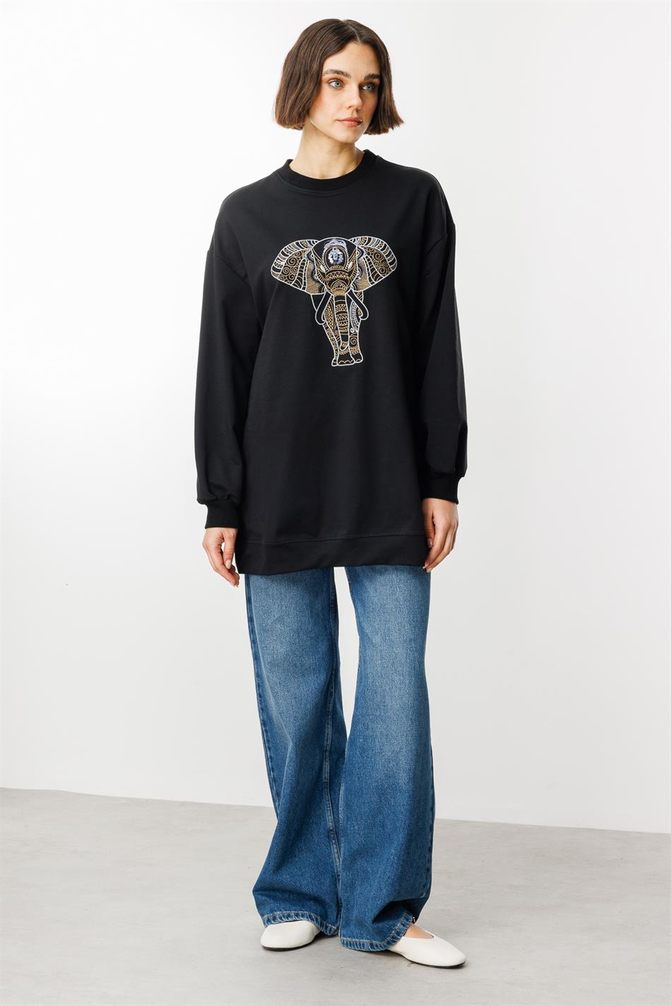 Embroidered Detail Top Sweatshirt - Black
