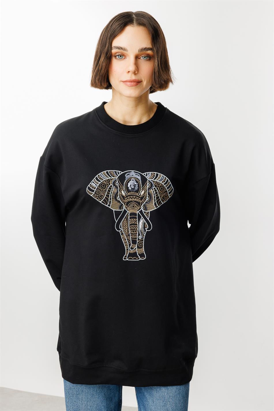 Embroidered Detail Top Sweatshirt - Black