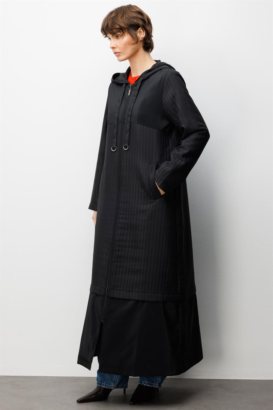 Jakar Kapitone ve Cupra Plys Mix Astarlı Spor Mevsimlik Trench Kap-Siyah