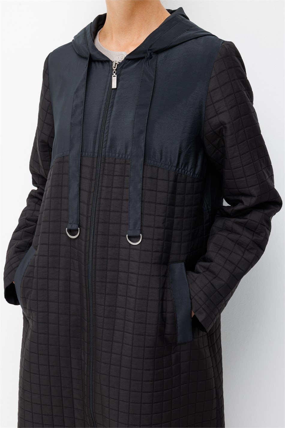 Jacquard Sırıqlı və Cupra Plys Qarışıq Astarlı Sport Mövsümi Trench Palto - Qara