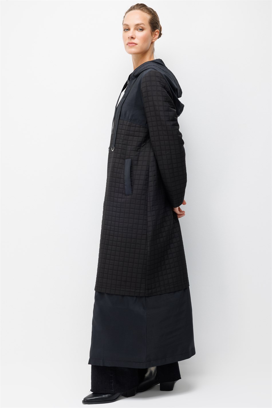 Jacquard Sırıqlı və Cupra Plys Qarışıq Astarlı Sport Mövsümi Trench Palto - Qara