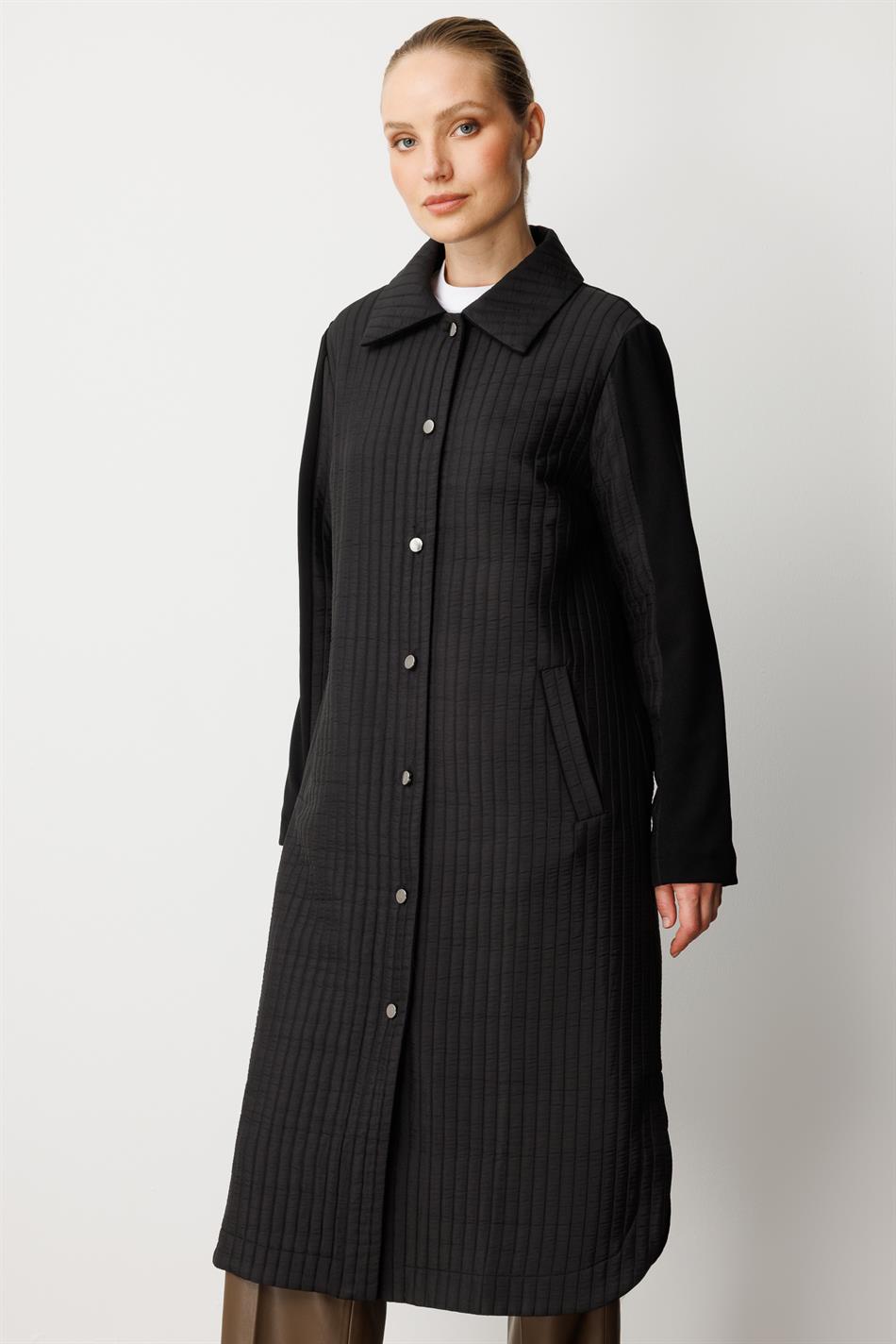 Jakkardlı Sırtılmış və Kreplə İşlənmiş Mövsümi Trench Palto, Astarlı - Qara