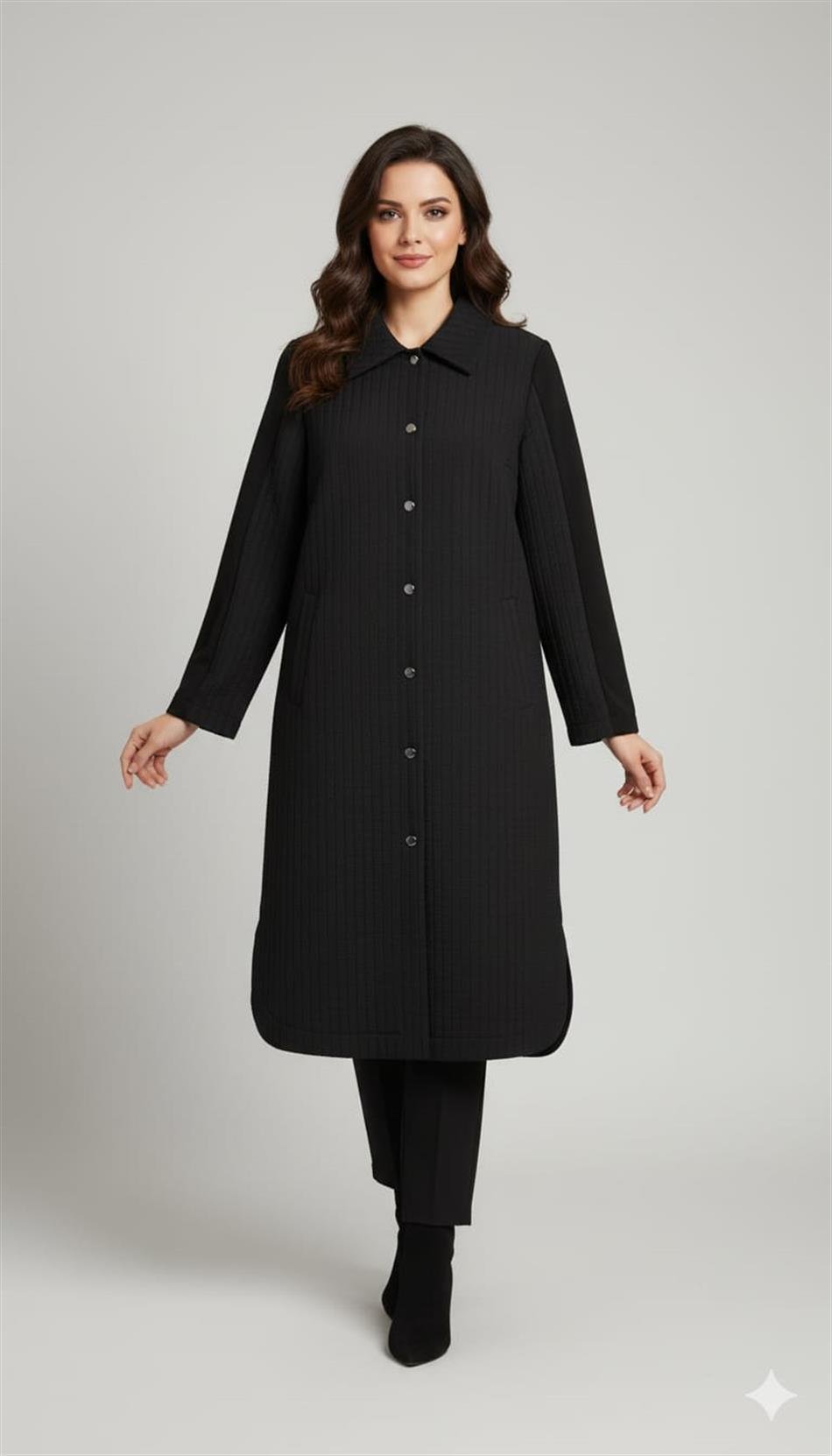 Jakar Kapitone ve Krep Garni Detaylı Mevsimlik içi Astarlı Trench Ferace Kap-Siyah