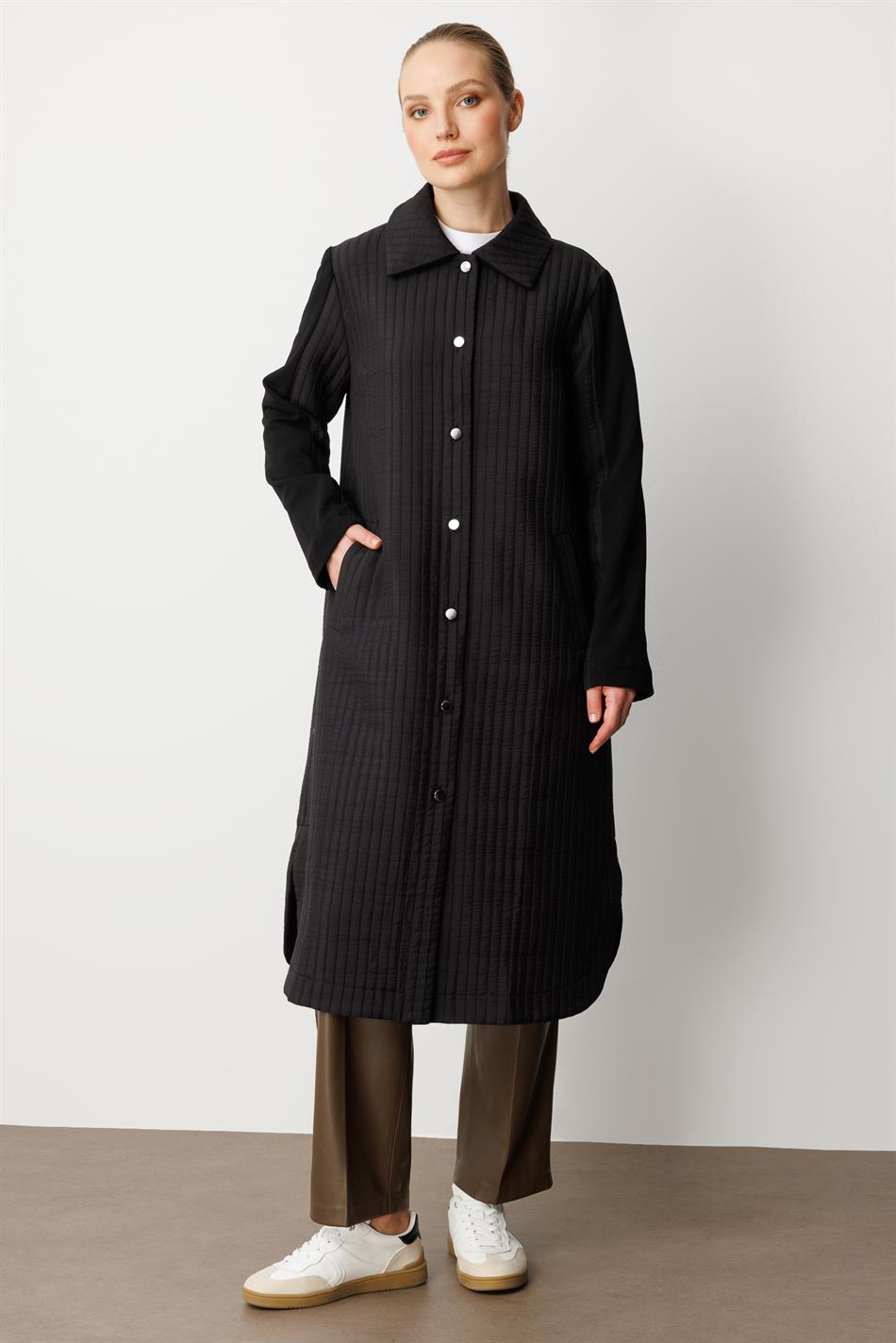 Jakkardlı Sırtılmış və Kreplə İşlənmiş Mövsümi Trench Palto, Astarlı - Qara