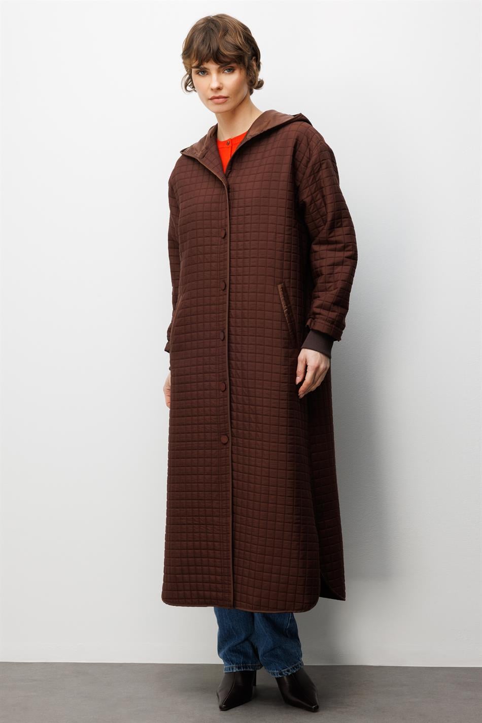 Trenchcoat met vierkante jacquard doorgestikte voering, geschikt voor alle seizoenen, sportief en tijdloos - Koffie