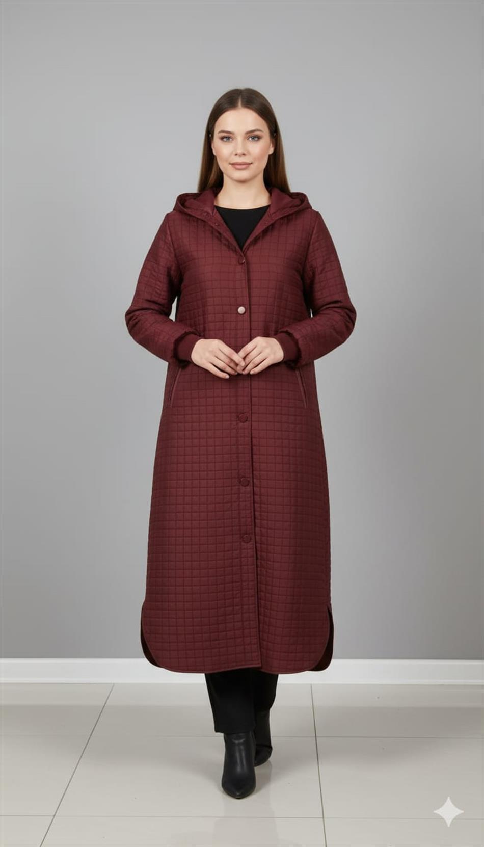 Kare Jakar Kapitone Astar ile Mevsimlik Spor Zamansız Trench Kap-Bordo
