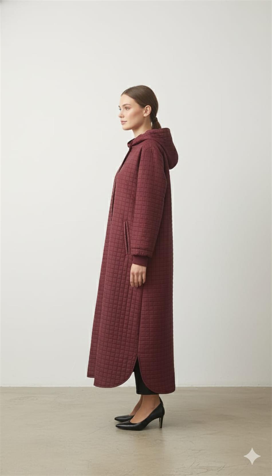 Kare Jakar Kapitone Astar ile Mevsimlik Spor Zamansız Trench Kap-Bordo