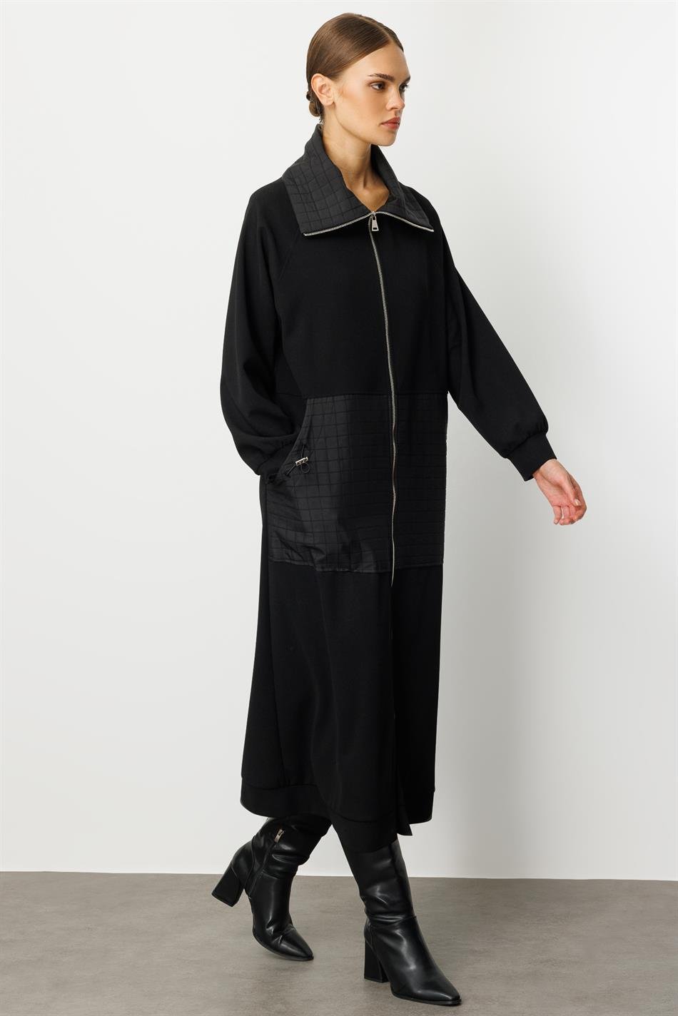 Kare Jakar Kapitone ve Krep Doku Mix Astarlı Mevsimlik Spor Trench Kap-Siyah
