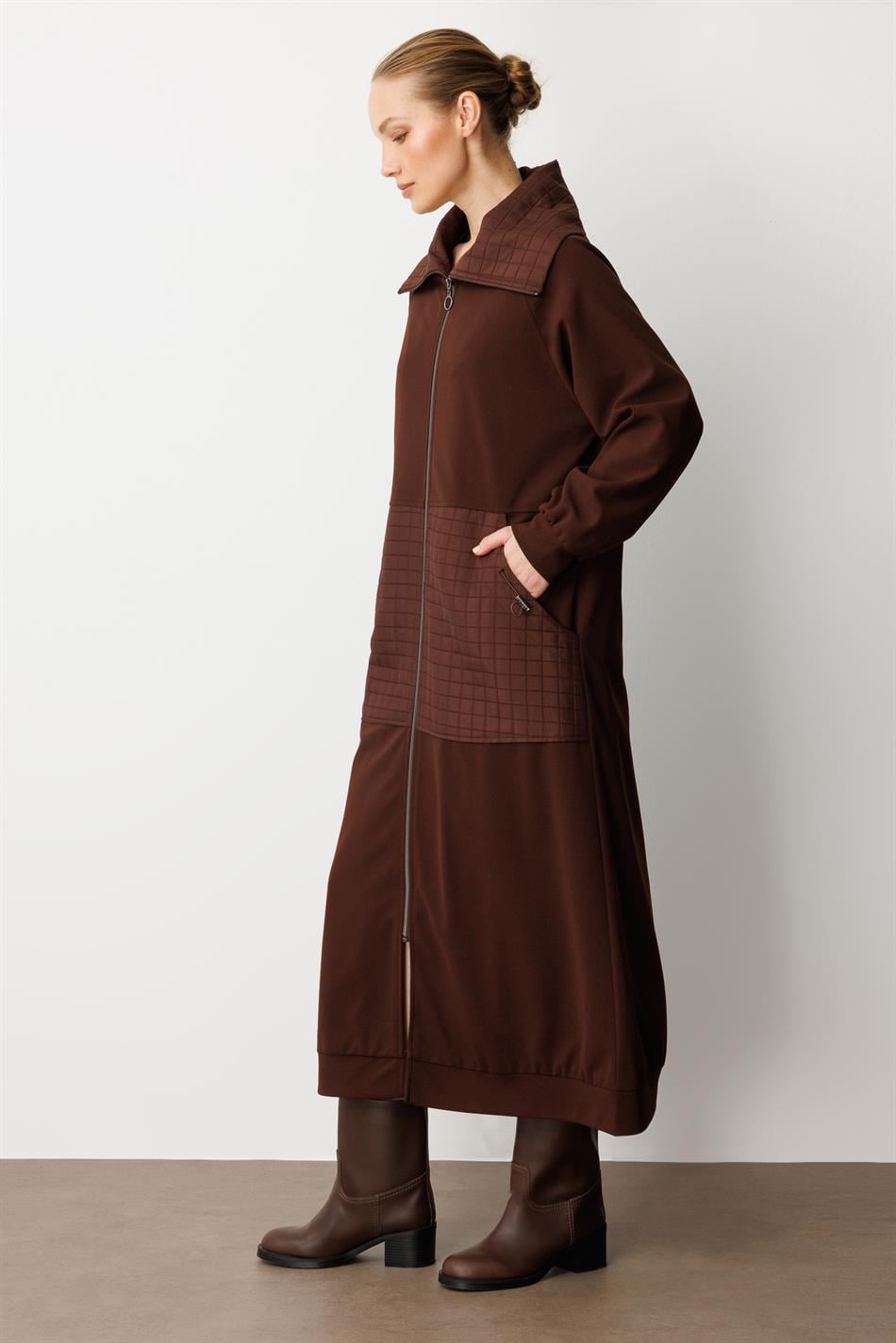 Square Jacquard Quilted and Crepe Texture Mix Lined Seasonal Sport Trench Coat - Coffee