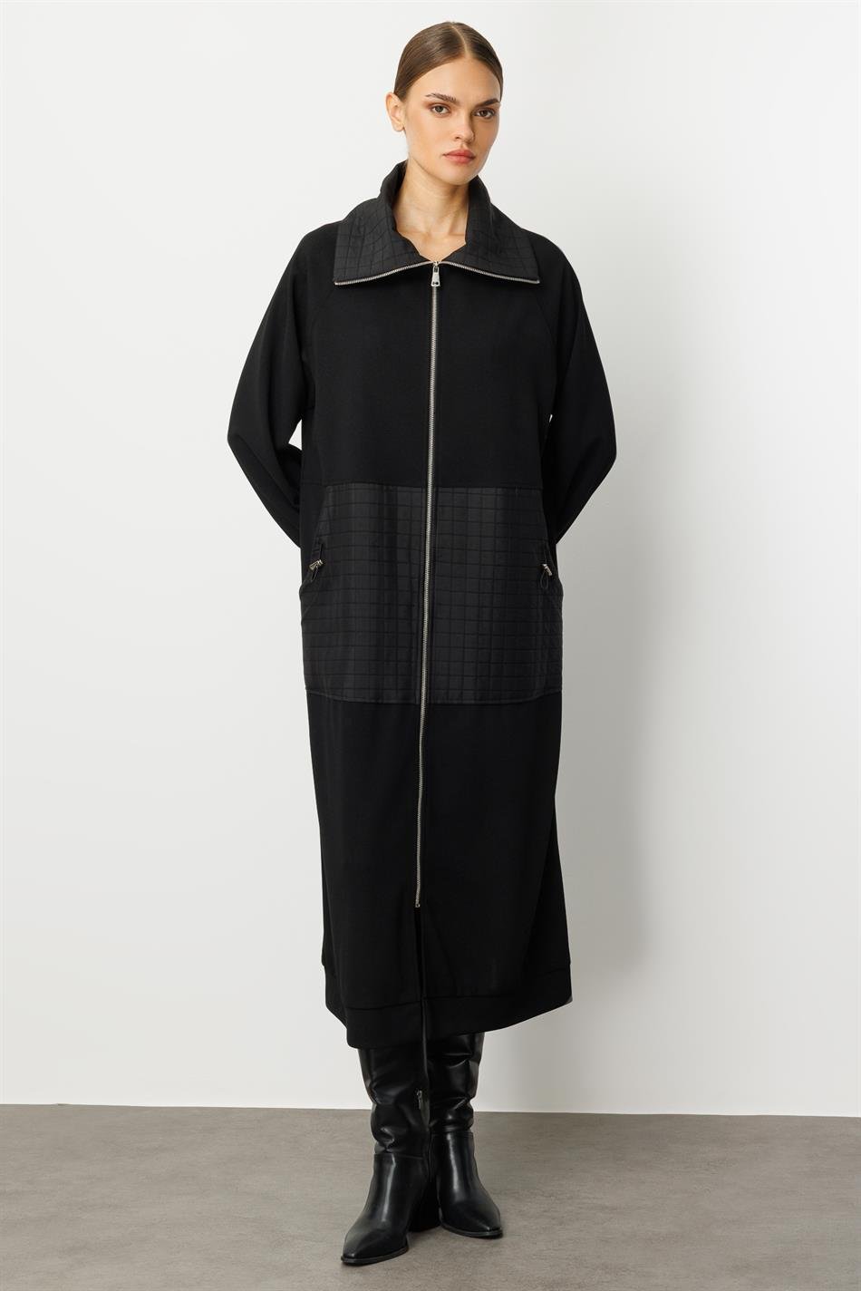 Kare Jakar Kapitone ve Krep Doku Mix Astarlı Mevsimlik Spor Trench Kap-Siyah