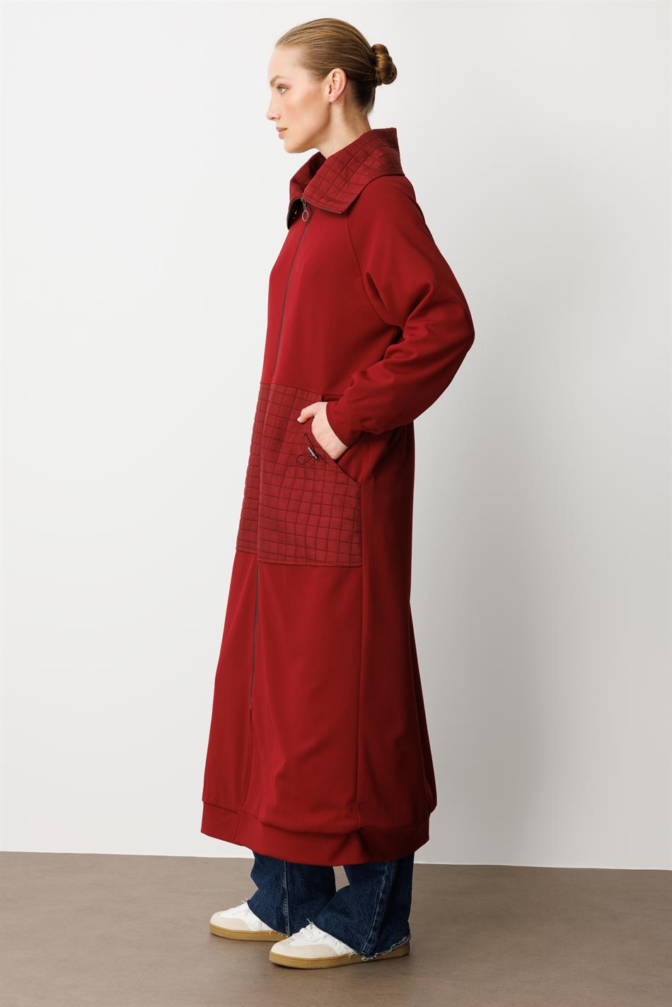 Kare Jakar Kapitone ve Krep Doku Mix Astarlı Mevsimlik Spor Trench Kap-Bordo