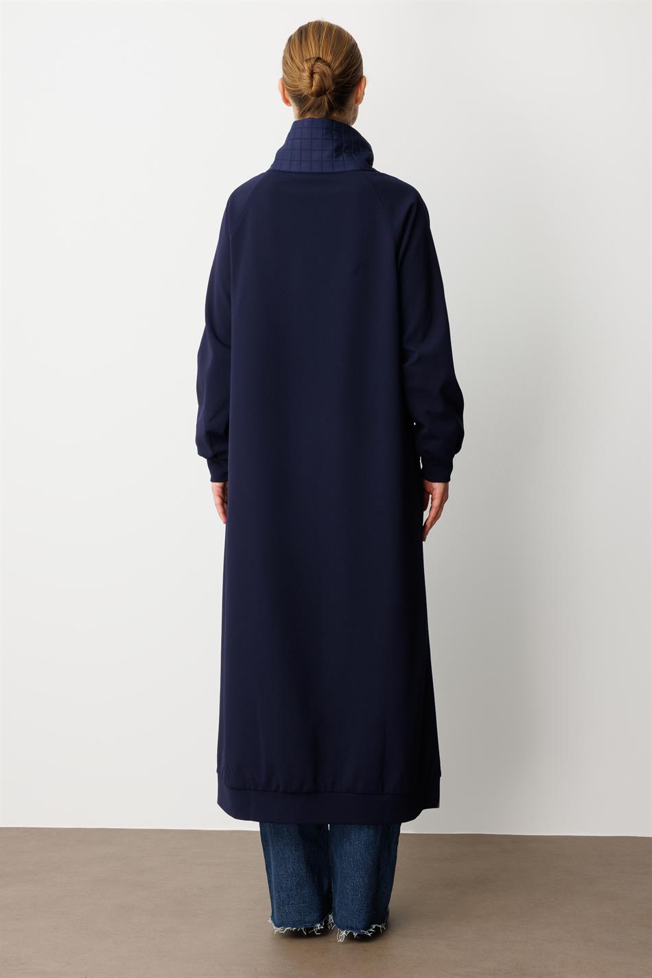 Square Jacquard Quilted and Crepe Texture Mix Lined Seasonal Sport Trench Coat - Navy Blue