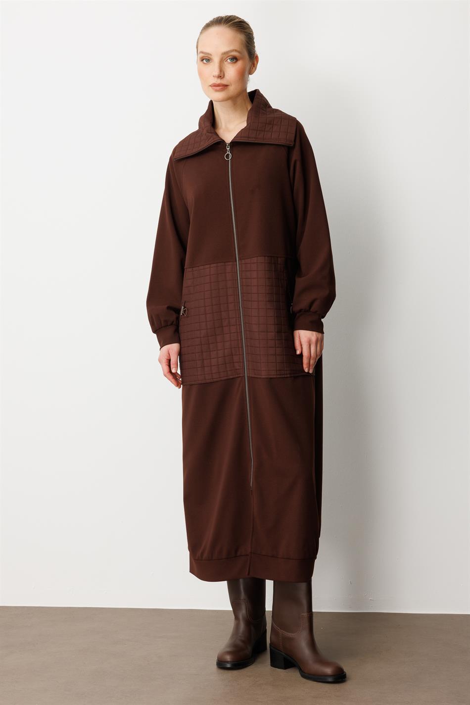 Square Jacquard Quilted and Crepe Texture Mix Lined Seasonal Sport Trench Coat - Coffee