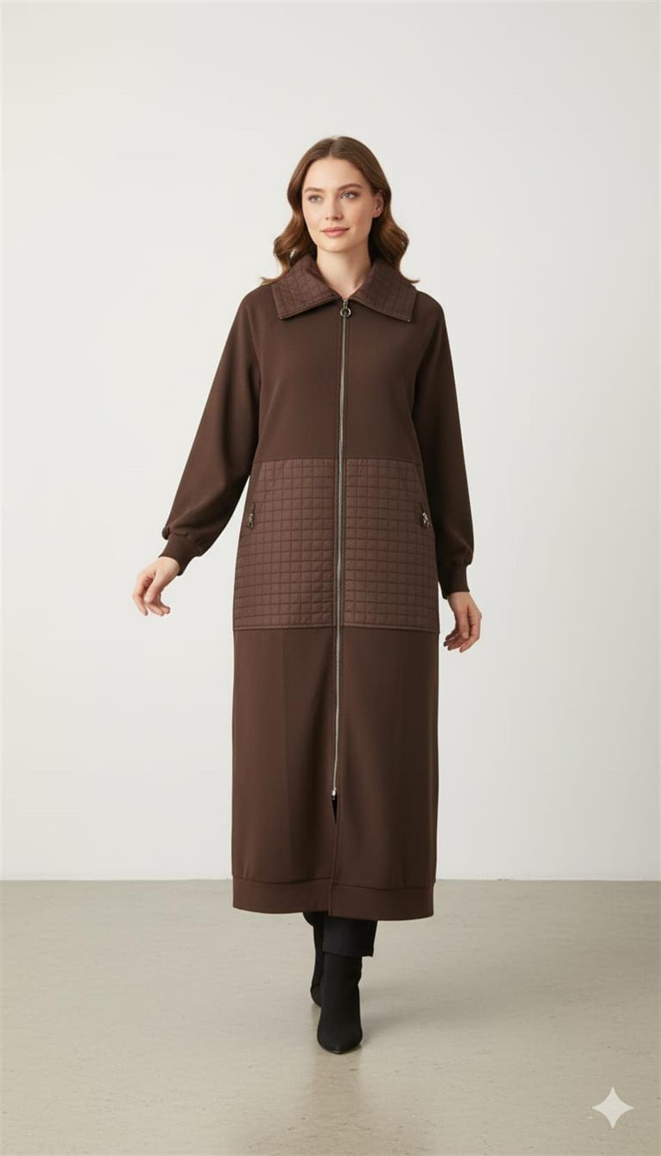 Kare Jakar Kapitone ve Krep Doku Mix Astarlı Mevsimlik Spor Trench Kap-Kahve