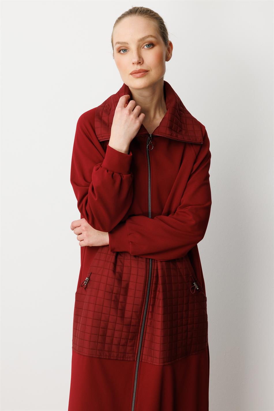 Kare Jakar Kapitone ve Krep Doku Mix Astarlı Mevsimlik Spor Trench Kap-Bordo