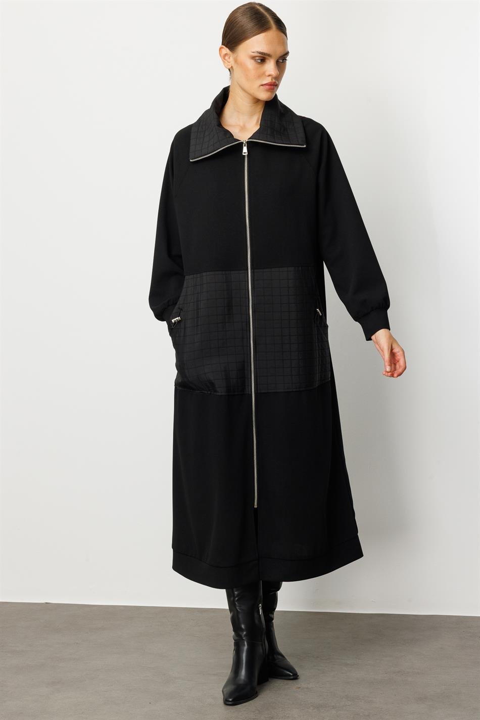 Kare Jakar Kapitone ve Krep Doku Mix Astarlı Mevsimlik Spor Trench Kap-Siyah