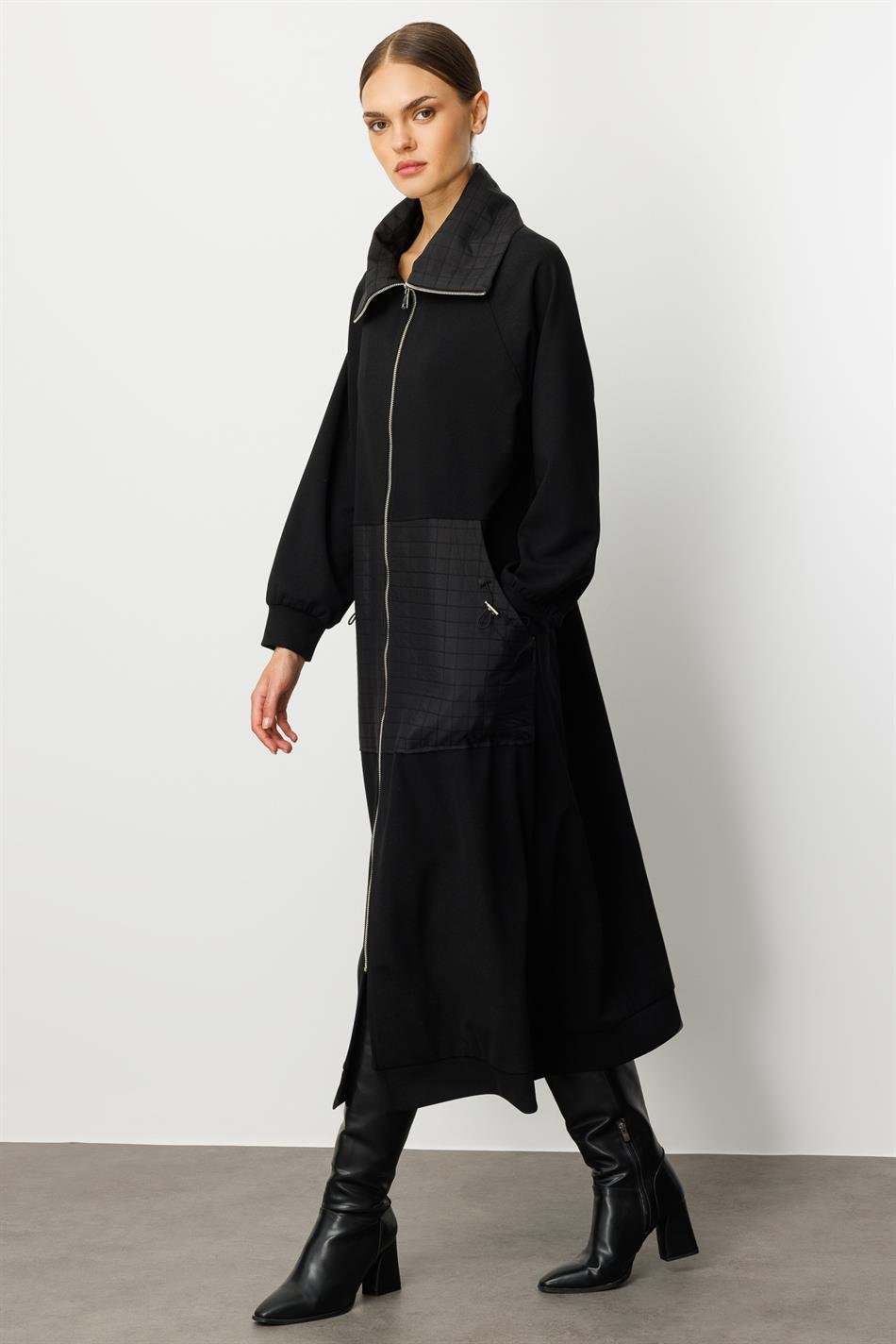 Kare Jakar Kapitone ve Krep Doku Mix Astarlı Mevsimlik Spor Trench Kap-Siyah