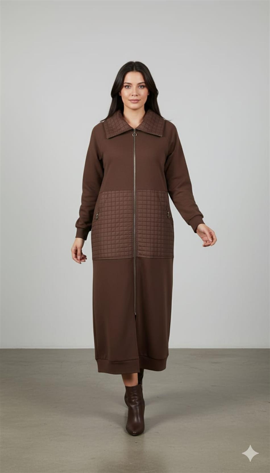Kare Jakar Kapitone ve Krep Doku Mix Astarlı Mevsimlik Spor Trench Kap-Kahve