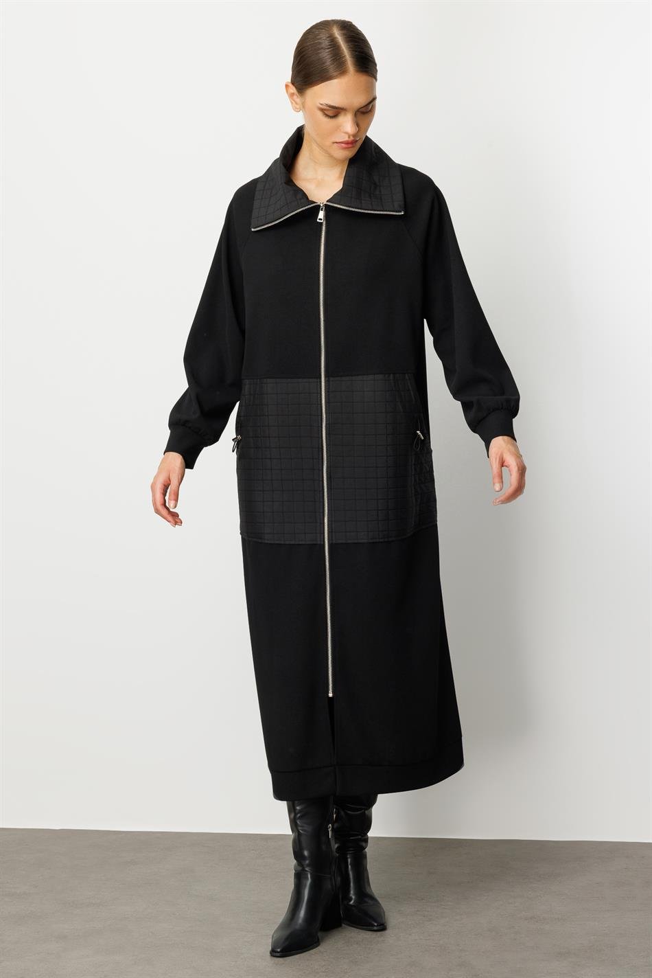 Kare Jakar Kapitone ve Krep Doku Mix Astarlı Mevsimlik Spor Trench Kap-Siyah