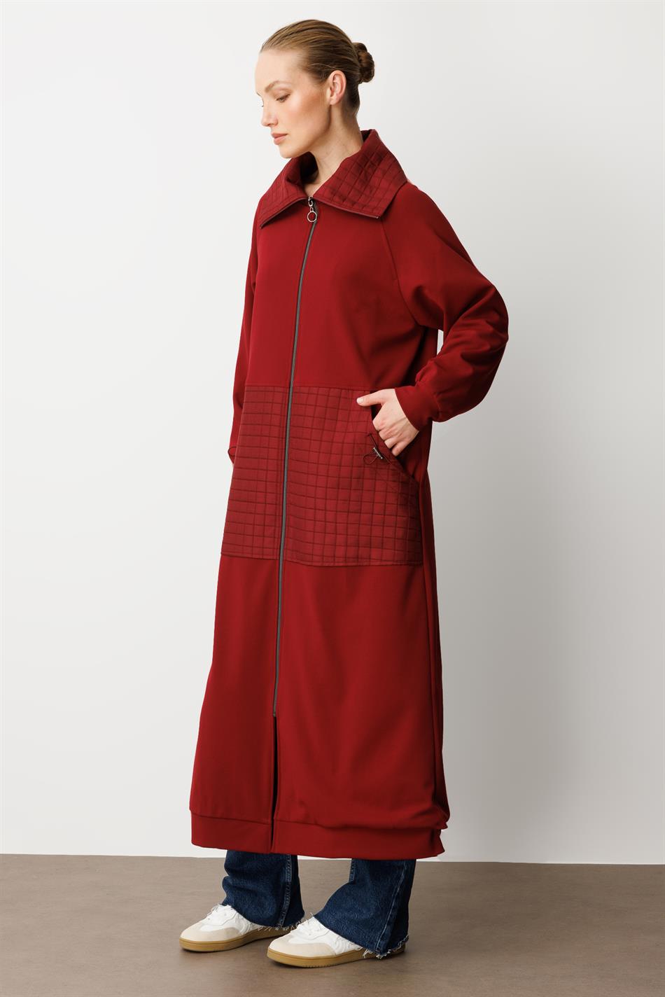 Kare Jakar Kapitone ve Krep Doku Mix Astarlı Mevsimlik Spor Trench Kap-Bordo