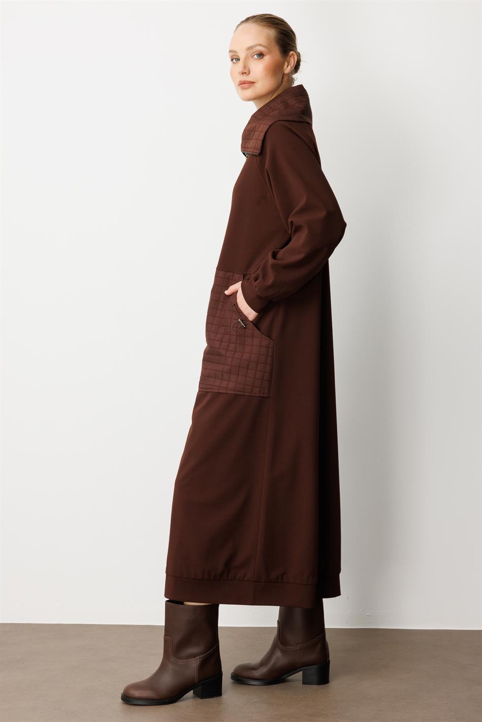 Square Jacquard Quilted and Crepe Texture Mix Lined Seasonal Sport Trench Coat - Coffee