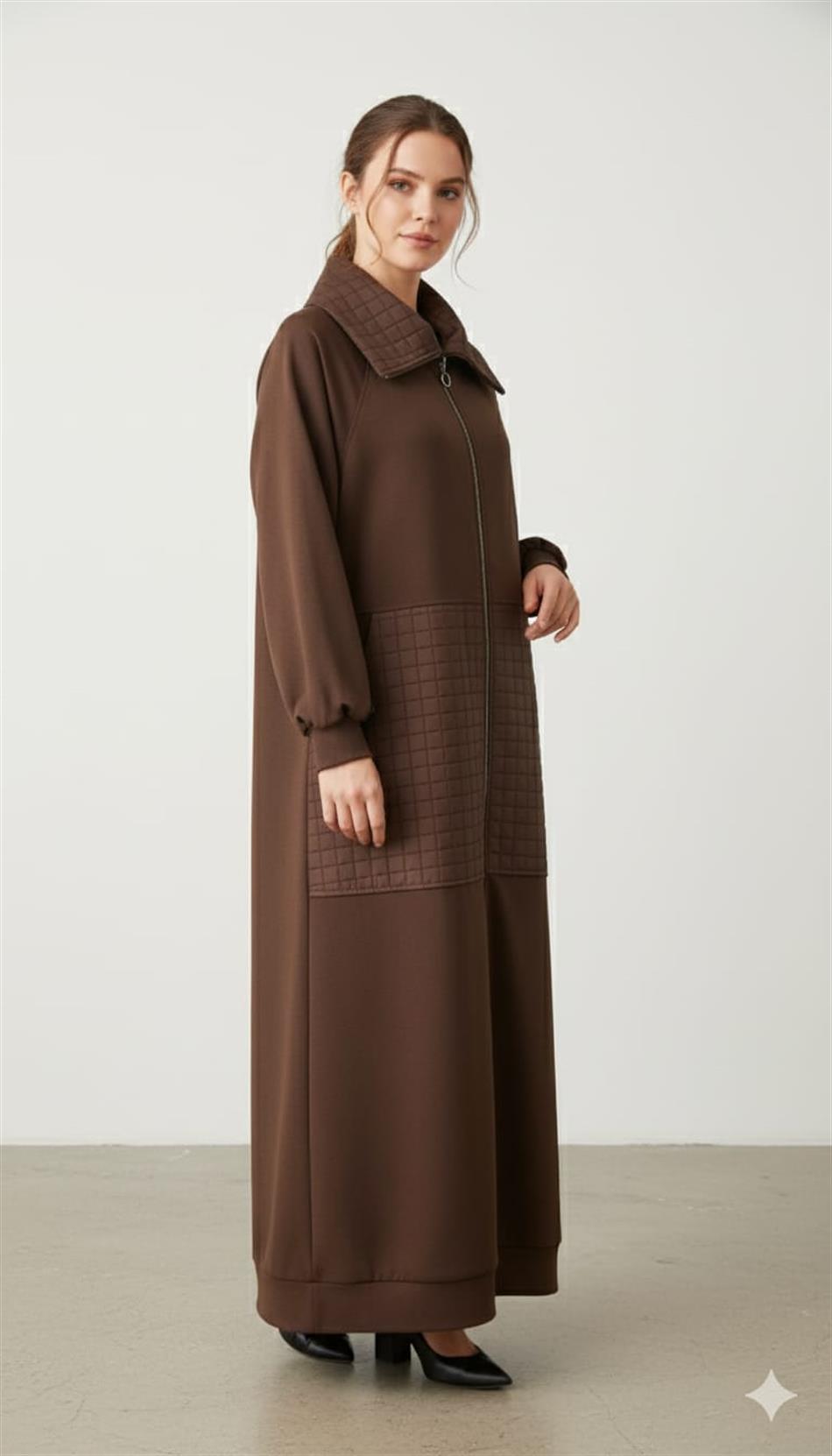 Kare Jakar Kapitone ve Krep Doku Mix Astarlı Mevsimlik Spor Trench Kap-Kahve